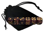 Set of (6) 16mm Pearlized Dual Color Red Black Dice Gold Pips + Storage Pouch