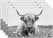 Highland Cow Placemats Set of 4 Black and White Cattle Table Mats Wildflower Washable Place mats for Party Kitchen Dining Decoration 12x18 Inch