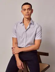 Hawes & Curtis Non-Iron Lilac & Blue Check Slim Short Sleeve Shirt Size: Small