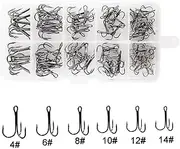 Fishing Treble Hooks Kit High Carbon Steel Hooks Strong Sharp Round Bend for Lures Baits Saltwater Fishing 110pcs/box Mixed 6 Size 4#-14#