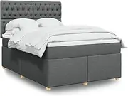 Queen Dark Grey Box Spring Bed with Mattress and Topper Comfortable Sleep