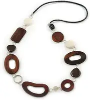 [Avalaya] Brown Wood Oval Link White Ceramic Bead Black Faux Leather Cord Necklace/ 80cm Long, One Size, Ceramic Faux Leather Wood