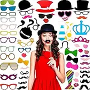 60 Pieces Photo Booth Props Kit Funny Selfie Props Accessories with Mustache on a Stick, Hats, Glasses, Mouth, Bowler, Bowties for Party Decorations Supplies Favors