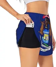 [GaxfjRu] Michigan State Flag Print Women's Running Shorts High Waisted Running Shorts Pocket Sporty Gym Elastic Short
