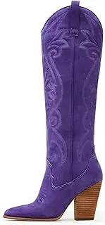 [WIRALOMI] Women Western Knee High Boots Embroidered Chunky Block Heel Cowboy Boots Pointed Toe Pull on Cowgirl Boots