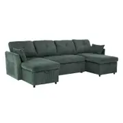 Homfurn 4 Seater Pull Out Sofa Bed with Double Storage Chaise, Green