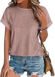[Cuptacc] T-Shirt Women's Summer 2025 Fashion Tops Crew Neck Plain Blouse with Cap Sleeves Airy