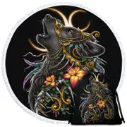 Dark Art Lilies and Howling Wolf Round Beach Towel