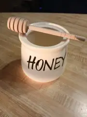 Honey Jar with a Dipper. Ceramic Honey Pot - white