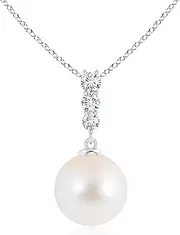 [Angara] Freshwater Cultured Pearl Pendant Necklace with Graduated Diamonds in Sterling Silver/14ct Solid Gold for Women | June Birthstone Jewellery for Her