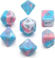 PJOY DND Dice Set 7PCS Blue Pink White D&D Polyhedral Dice with Velvet Dice Bag for Role Playing Dice Games as Dungeons and Dragons (Pastel Paradise)