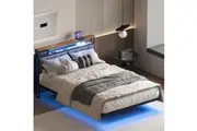 Advwin Double Floating Bed Frame with LED Lights and Upholstered Headboard Black