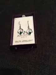 Claddagh Green Stone Dangley Earrings