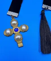 Bookmark Crucifix Jeweled & Tasseled Faux Pearl Blue Gem Cross Velvet Strap