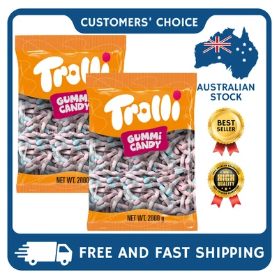 2 x 2kg TROLLI BERRY BRITE CRAWLERS SOUR WORMS GLOW BRIGHT KIDS BULK LOLLIES