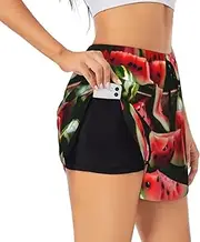 [GaxfjRu] Watermelon Fresh Fruit Print Women's Running Shorts High Waisted Running Shorts Pocket Sporty Gym Elastic Short, Black, XXL