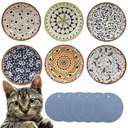Ceramic Cat Bowl Set - 6PCS Shallow Whisker Fatigue Food Dish, 5.5" Small Feeding Bowls, Cute Whisker Friendly Flat Dishes, Weighted Bowls for Indoor Cats