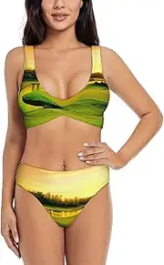 [JEJEA] Golf Course Print Women Swimsuit, Women'S High-Waisted Bikini Set, Two-Piece Sport Bathing Suits, Black, S