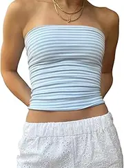 [NUFIWI] Women Y2k Strapless Tube Top Striped Print Slim Fit Bandeau Crop Tops Off Shoulder Backless Summer Cami Tops