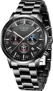 Watches Men Fashion Full Steel Quartz Analog Wristwatch Men Luxury Brand LIGE Waterproof Chronograph Date Business Dress Watch Gent Casual Balck Clock