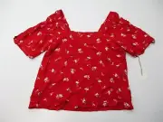 new A NEW DAY Women's Size XS Peasant Sleeve Red Floral Cropped Blouse Top