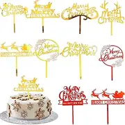 10 Pcs Christmas Acrylic Cake Topper Decorations - Gold Red Xmas Picks for Holiday Cake Supplies - Merry Christmas Cake Topper
