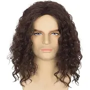 Mens Brown Curly Wig for Costume Party Middle Part Retro 80s Brown Cosplay Wigs for Adults