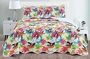 Masterplay 3-Piece Fine Printed Oversize (100" X 95") Quilt Set, Bedspread Coverlet Queen Size Bed Cover (Green, Blue, Pink, Orange, Boho, Floral)