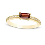 Sideways Baguette Garnet and 0.10 CT. T.W. Natural Diamond Stackable Ring in Solid 10K Yellow Gold