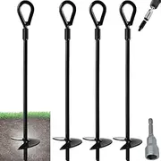 MTSDM 4 Pack Ground Anchor, 15" Heavy Duty Spiral Anchor Piles with 14mm Sleeve Easy to Use with Drilling Rigs, Long Hook Screw for Camping Tent, Swing Sets, Securing Animals, Sheds Trampoline