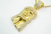 Men Gold Finish Stainless Steel Simulated CZ Jesus Pendent 33"Ball Chain