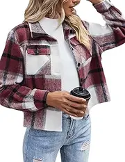 [Zeagoo] Cropped Jacket Womens Flannel Wool Blend Plaid Button Down Shirt Fashion Winter Shacket Coat Tops