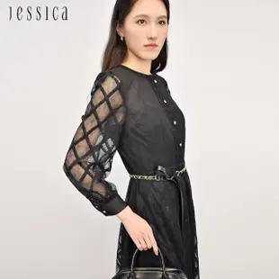 【JESSICA】顯瘦菱格紋蕾絲網紗透膚長袖洋裝233377