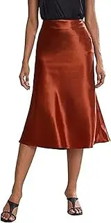[Generic] Women's Elegant Zip Up Side High Waist A Line Satin Midi Skirt