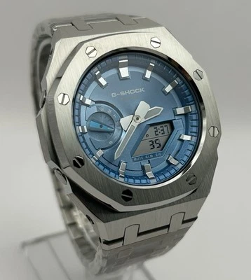 Custom Casio G Shock GA2100 Casioak Silver AP Royal Oak Mod Watch Steel Blue