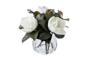 Rogue Magnolia Grandiflora-Garden Vase Handcrafted Artificial Faux Flower Plant Home Decor White/Glass