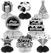 8PCS Black White Silver Birthday Decorations Honeycomb Centerpieces for Women Men, Black White Happy Birthday Table Centerpieces Party Supplies, 16th 21st 30th 40th 50th Birthday Table Topper Decor
