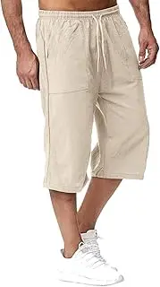 [Generic] Men's Cotton Linen Capri Pants Baggy Elastic Waist Drawstring Casual Pants Lightweight Beach Trousers with Pockets
