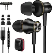Jiunai USB C Headphone for iPhone 16 iPhone 15 Type C Earbuds with Mic in Ear Magnetic Attached Volume Control Stereo Corded Earphone for iPhone 16e iPad A16 Galaxy S25 Ultra Pixel 9 9a Black & Gold