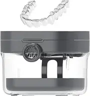 Denture Soaking Container, Denture Bath Container, Built-In Mirror Design, Protective Cleaning Tool Set, Leakproof Perfect for Teen Girl, Boy Child Elderly Travel Night Guard, 9.2x7.1x9.6cm White Gray