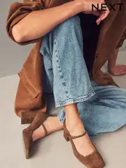 Tan Brown Forever Comfort® Leather Square Toe Block Heel Mary Jane Shoes (B17565) | $55