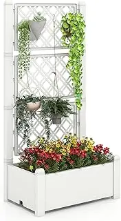 Costway Outdoor Planter Box with 3-Height Trellis, Self-Watering Raised Garden Bed Trellis with Water Level Indicator, Removable Space Dividers & Drainage Hole for Climbing Plants 76x45x150cm (White)