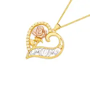 9ct Gold Tri Tone Mum & Rose Open Heart Pendant