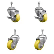 3.5 Inch SS Yellow Polyurethane Swivel 3/8 Inch Threaded Stem Caster Set 2 Brake
