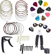 Daseeme 34Pcs Guitar Accessory Kit with Acoustic Guitar Strings, Guitar Picks, Capo, Bone Bridge Pins, Transposition Clamp, Strings Winder