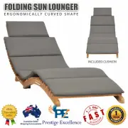 Folding Sun Lounger with Dark Grey Cushion Solid Teak Wood Garden Furniture Bed