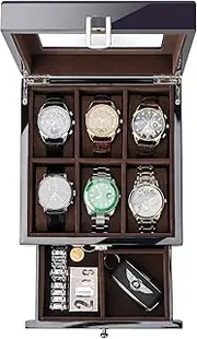 ProCase 6 Slots Lacquered Finish Wooden Watch Box for Men, Men’s Watch Organizer with Glass Top, 2-Tier Display Case for Wristwatch Storage
