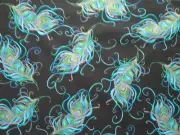 PEACOCK FEATHERS BLUE GREEN BLACK METALLIC GOLD COTTON FABRIC FQ
