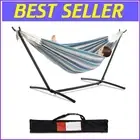 Vibrant Light Blue Double Hammock with Space-Saving Steel Stand for Gardens