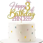 RoadSea Princess 3rd Birthday Cake Topper - Happy 3rd Birthday Cake Supplies for Girl - Girl Three Years Old Birthday Party Decorations - Pink & Gold Glitter (3rd)